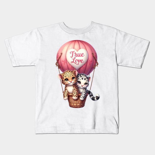 Valentine Leopard Couple On Hot Air Balloon Kids T-Shirt by Chromatic Fusion Studio